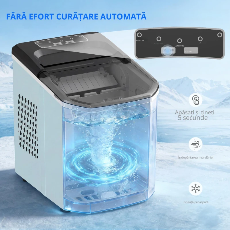 HOMCOM Mașină de Cuburi de Gheață cu Autocurățare 12 kg/24h 9 Cuburi Gata în 7 Minute 2 Mărimi de Gheață Rezervor 1,5L Albastru
