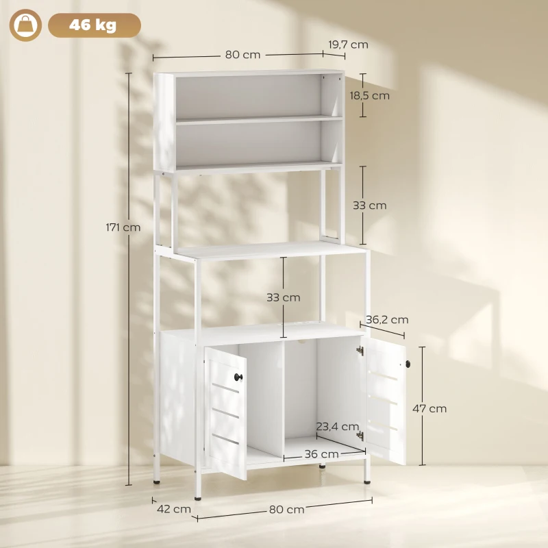 HOMCOM Mobile Dispensa con Ripiani, Armadietti e 2 Prese di Ricarica, in Legno e Acciaio, 80x42x171 cm, Bianco