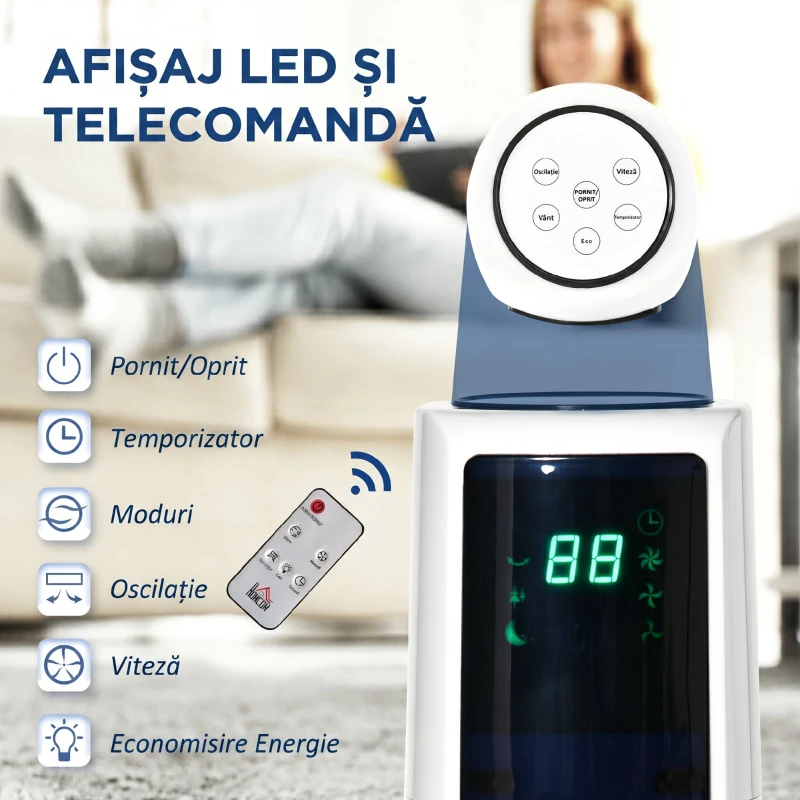 HOMCOM Ventilator turn 50W cu 3 moduri și 3 viteze, timer de 12h, din ABS, Ø32x118,2 cm, alb