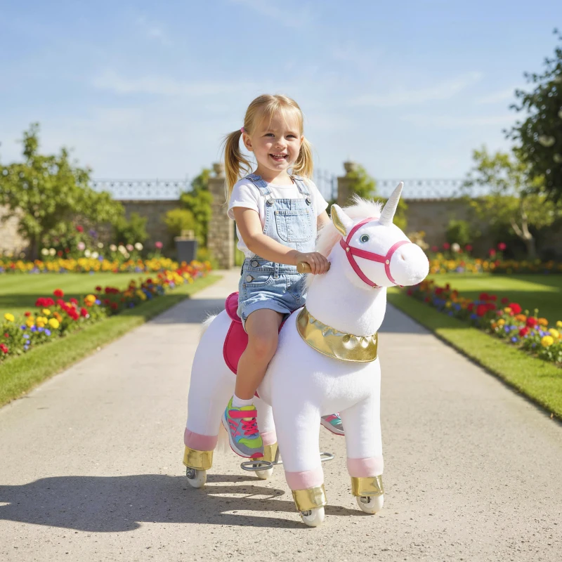 AIYAPLAY Kids Rocking Horse, Plush Walking Horse with Wheels, Ride On Unicorn Toy for Ages 3-5 Years Old, White