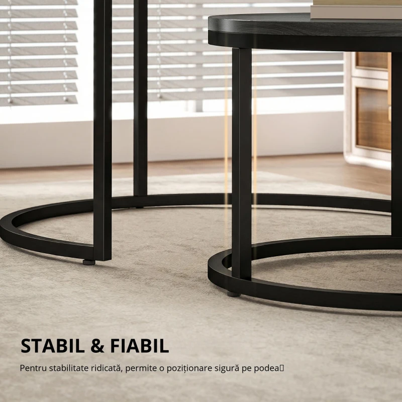 HOMCOM Set modern de 2 măsuțe de cafea, măsuțe laterale suprapuse cu cadru metalic pentru living, dormitor, birou, Negru
