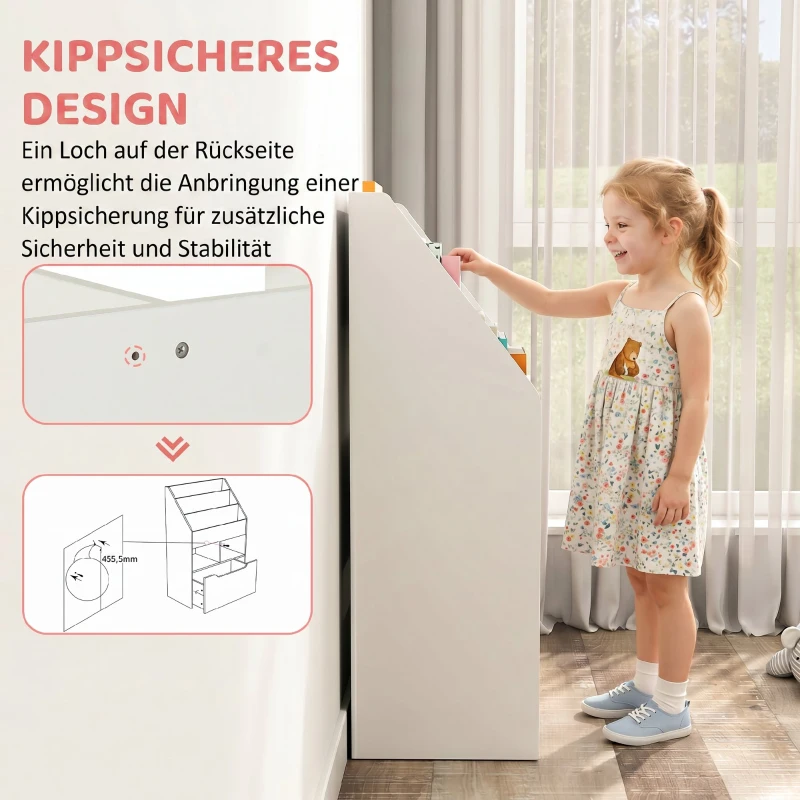 HOMCOM Kinderregal mit Schublade Standregal Bücherregal Dekoregal mit Fächer Weiß 60 x 29,9 x 90 cm