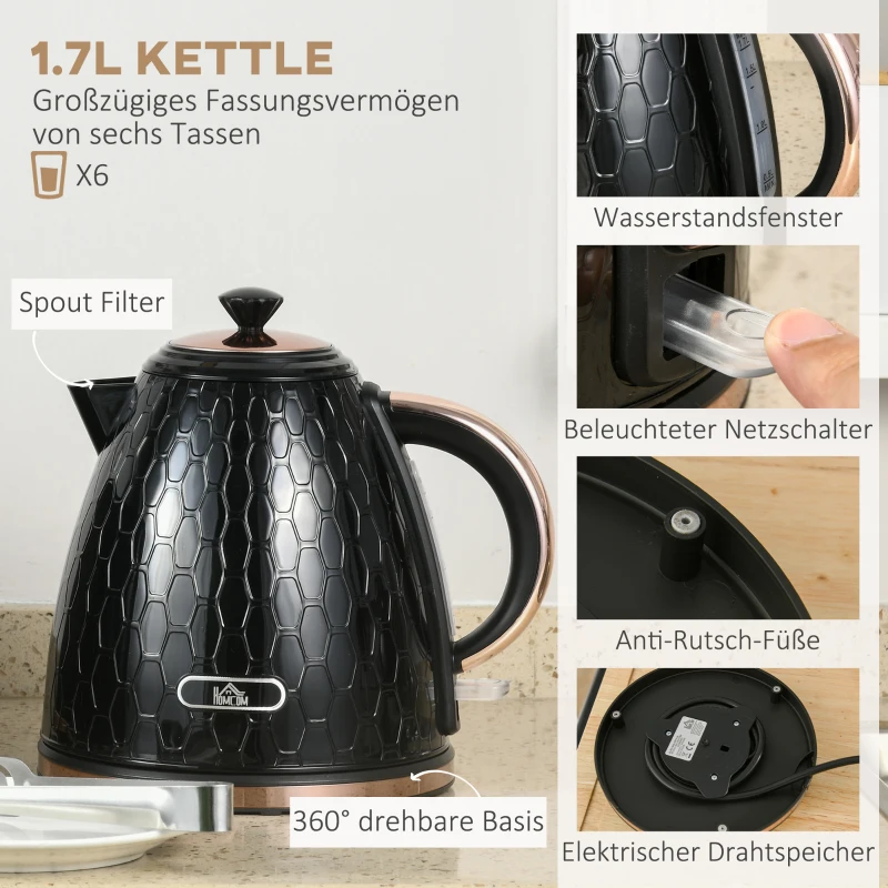 HOMCOM 2-in-1 Keuken set, Toaster en Waterkoker, meerdere opties, 1,7 L, 4 toast tegelijk, Kunststof, Zwart