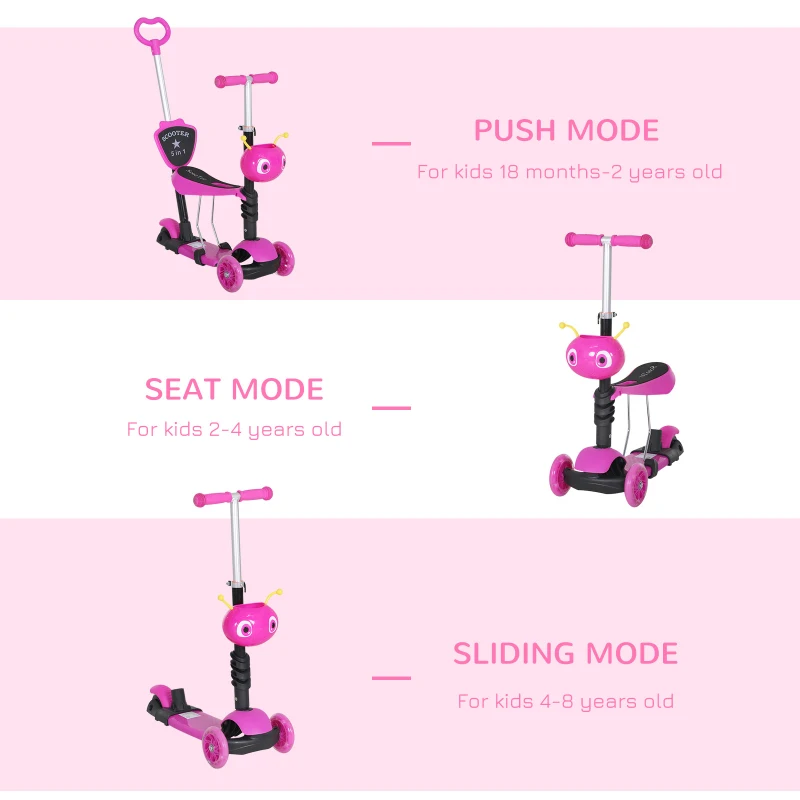 HOMCOM Adjustable Kids Toddler Scooter, with Removable Seat, Back Handle, Pink