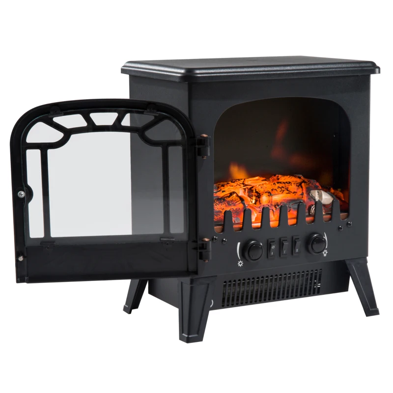 HOMCOM Camino Elettrico con Effetto Fiamma Regolabile, Caminetto Elettrico 925W/1850W con Temperatura Regolabile, Termostato, Protezione da Surriscaldamento, 36 x 25.5 x 41.5cm, Nero