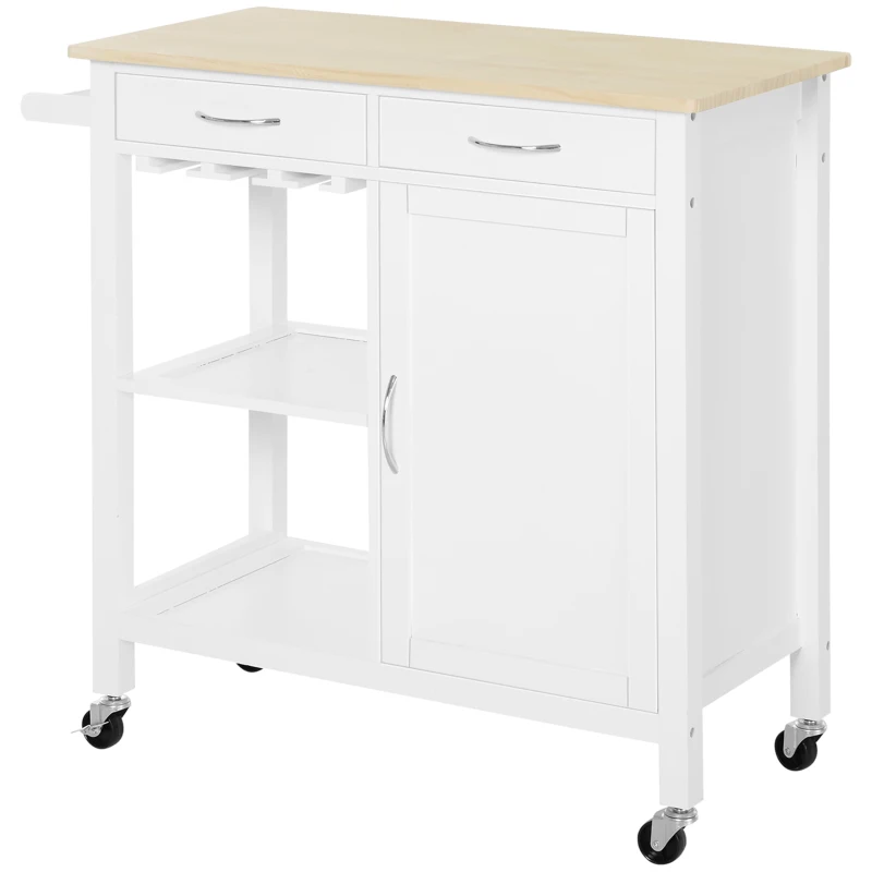 HOMCOM Desserte de cuisine multi-rangements - dim. 89L x 40l x 84H cm - poignées métal MDF blanc plateau bois pin