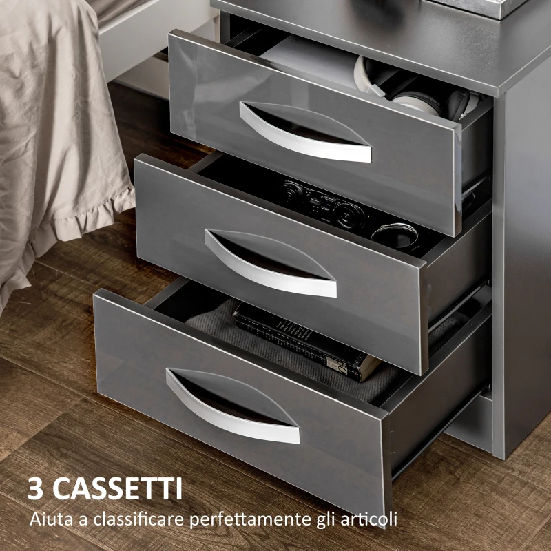 HOMCOM Set 2 Comodini Moderni con 3 Cassetti per Camera da Letto e Soggiorno in Truciolato, 40x36x56 cm, Grigio