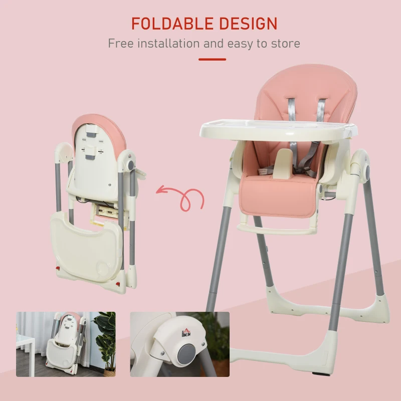 HOMCOM Foldable Baby High Chair Convertible Feeding Chair Height Adjustable with Adjustable Backrest Footrest and Removable Tray 5 Point Safety Harness for Kids 6 - 36 Months Pink