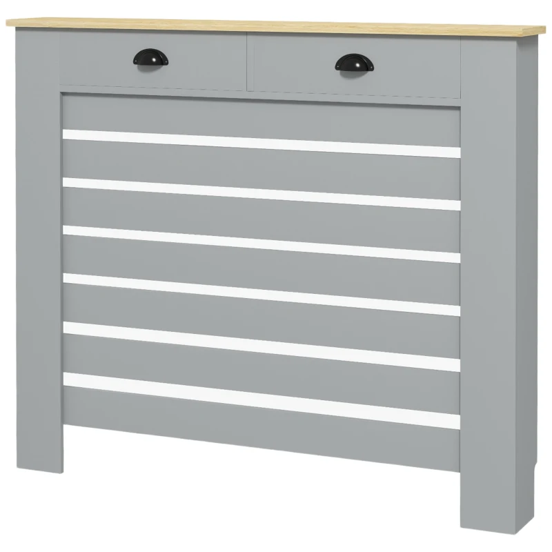 HOMCOM Copritermosifone in MDF a Doghe, Copricalorifero a Griglia con 2 Cassetti, 111x19x95.5 cm, Grigio