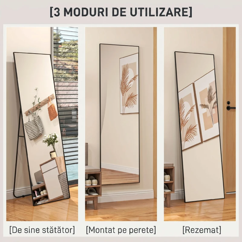 HOMCOM Oglindă de Podea Modernă, Întreagă, Design Autoportant sau de Perete, 40x150 cm, Negru