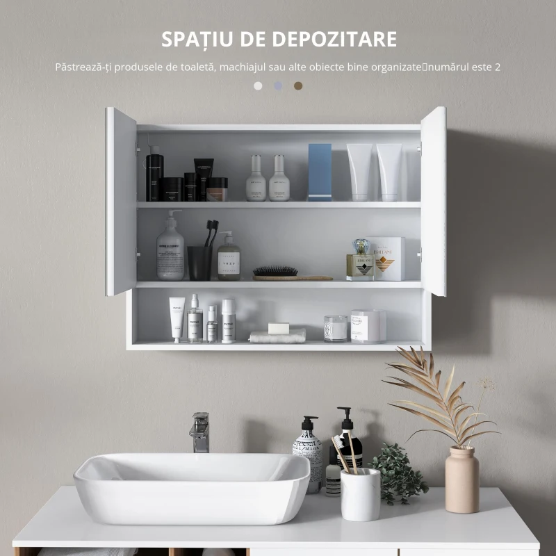 HOMCOM Dulap cu oglinda de perete cu lumini LED, raft deschis si raft intern reglabil, sticla si MDF, 80x15x60cm