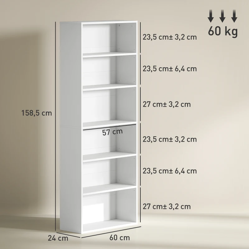 HOMCOM Bibliothèque étagère de rangement 6 niveaux avec étagères réglables pour salon, chambre, bureau, 60x24x158,5cm, blanc