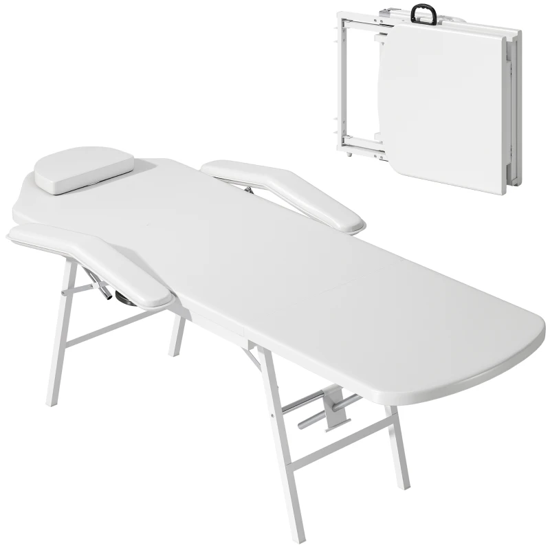 HOMCOM Portable Massage Table, 3 Section Adjustable Beauty Bed, Foldable Massage Bed with Face Hole, Recliner Chair with Removable Headrest and Armrests for Spa, Lash, Tattoo, White