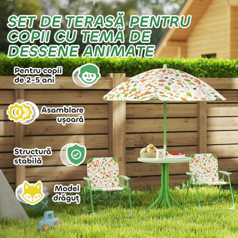 AIYAPLAY Set de Grădină pentru Copii 2-5 Ani cu Măsuță Rotundă, 2 Scaune Pliabile și o Umbrelă, Verde