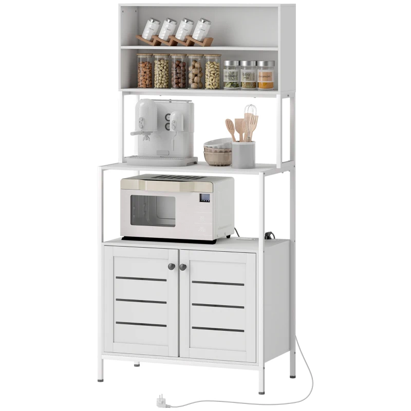 HOMCOM Armário de Cozinha com Tomada de Corrente Suporte para Micro-Ondas 2 Entradas USB e Compartimentos 80x42x171 cm Branco