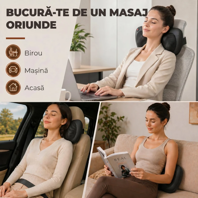 HOMCOM Pernă de Masaj Spate și Gât cu Încălzire și 4 Noduri Shiatsu, pentru Acasă, Birou, Mașină, Negru