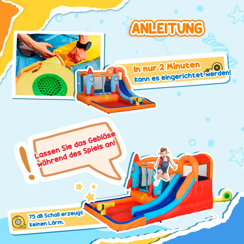 Outsunny Opblaasbaar Springkasteel met Blower voor 4 Kinderen Raketpatroon