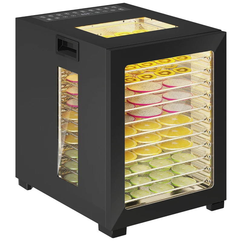 HOMCOM Dörrautomat Dörrgerät, 850 W, 40-70°C Temperaturregler, 48 Std. Timer, 12 Einlegefächer Edelstahl Schwarz(m-12)