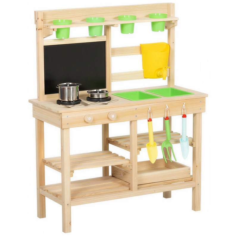 AIYAPLAY Matschküche Kinder Outdoor, Spielküche aus Holz mit Spüle Herd Pflanztöpfen Tafel für 3-6 Jahre 77x32x95 cm Naturholz