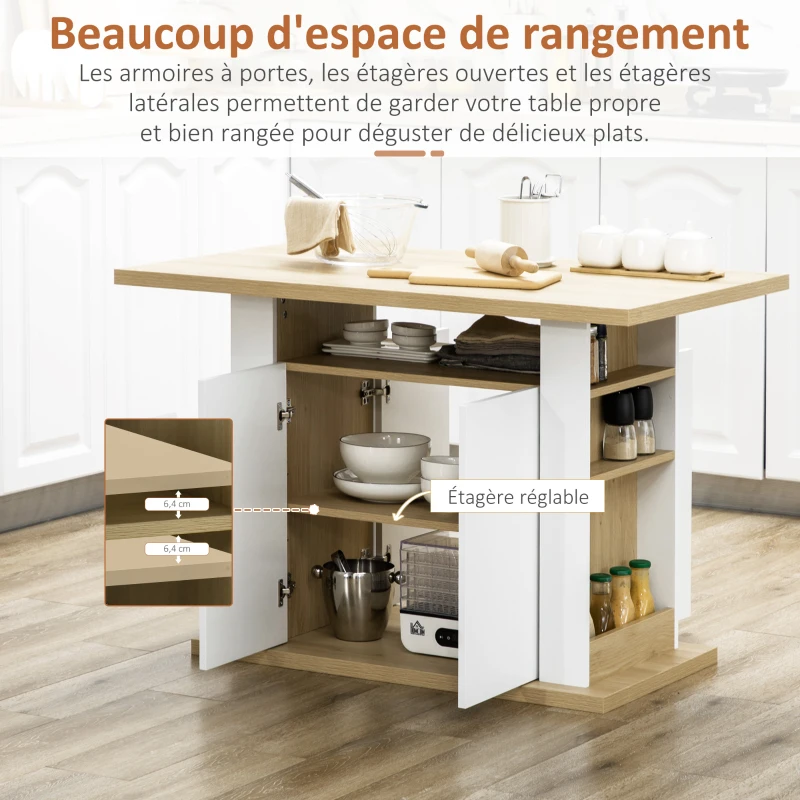 HOMCOM Ilot central cuisine table avec grand plan de travail 4 personnes - dim. 110L x 70l x 75,5H cm