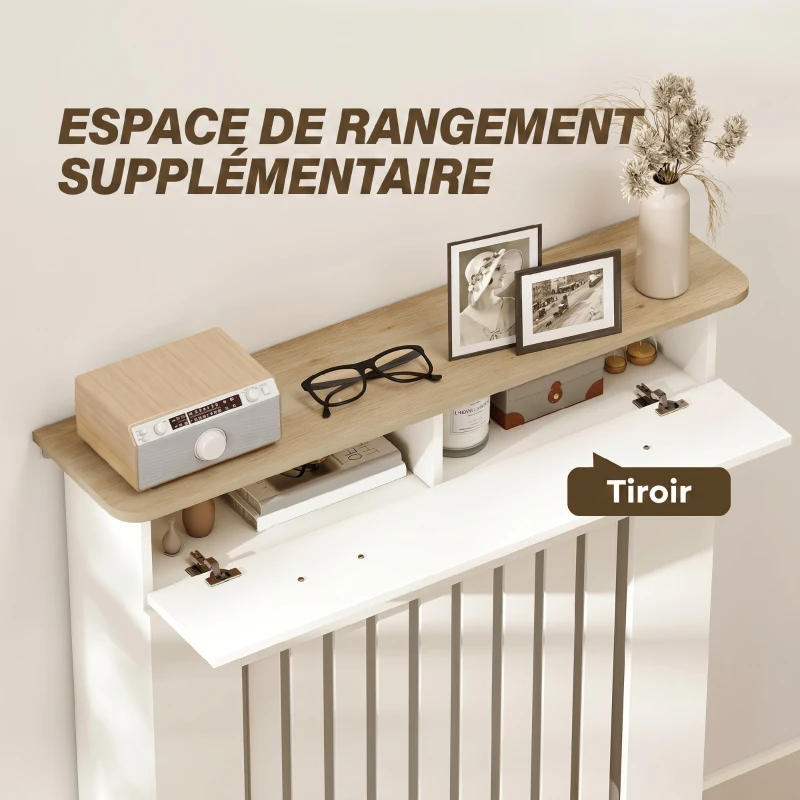HOMCOM Cache-radiateur avec tiroir de rangement, meuble cache-radiateur en bois à lattes verticales, 78 x 19 x 97 cm, blanc