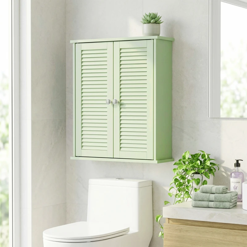 HOMCOM Armoire murale de salle de bain, meuble de rangement suspendu avec 2 portes persiennes et étagère réglable, vert