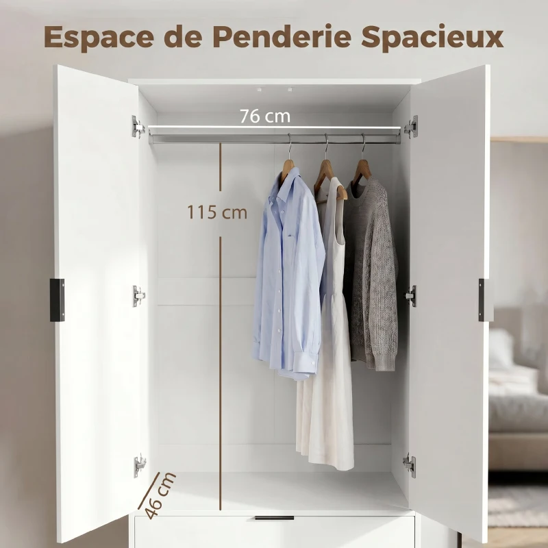 HOMCOM Armoire chambre penderie avec 2 portes à fermeture douce, 2 tiroirs et barre de suspension, 80x50x180cm, blanc