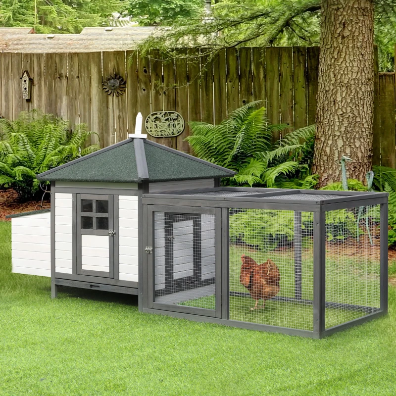 PawHut Poulailler cottage multi-équipement perchoir rampe pondoir enclos tiroir à déjection 196L x 76l x 97H cm bois massif pin gris blanc