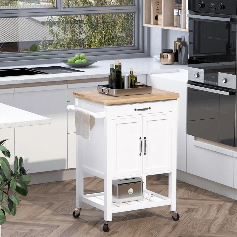 HOMCOM Carrello da Cucina Salvaspazio con Cassetto Armadietto e Ripiano, Mobile Cucina Carrello da Portata con 4 Ruote per Sala da Pranzo, Bianco