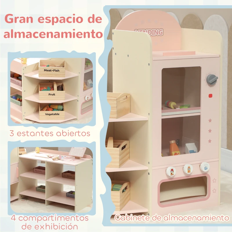 AIYAPLAY Supermercado Juguete Madera con Caja Registradora Máquina Expendedora 3 Estantes Abiertos 4 Compartimentos Rosa