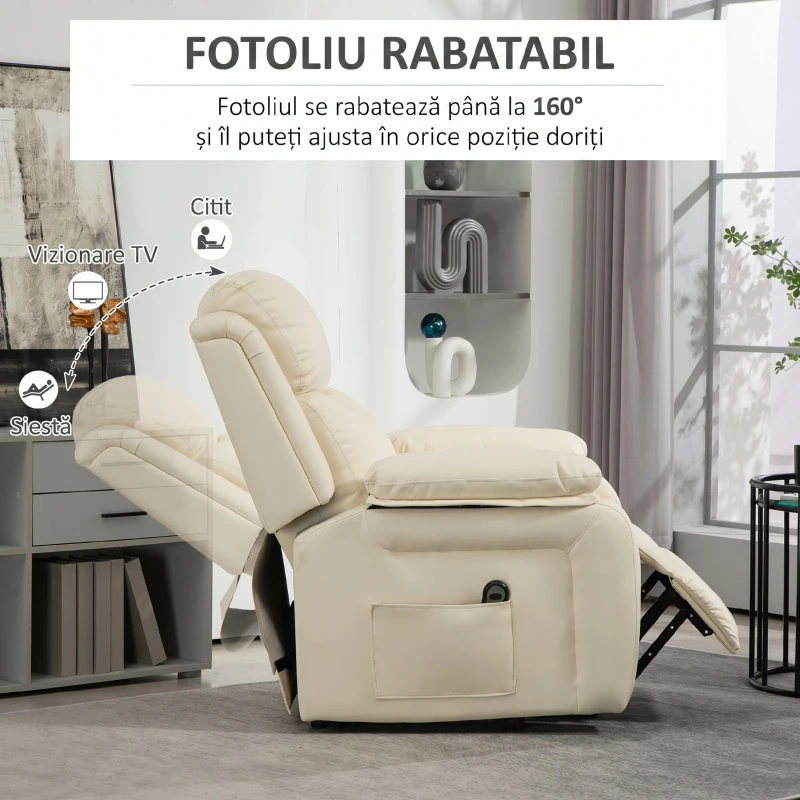 HOMCOM Fotoliu cu Funcție de Ridicare Reclinabil la 160° cu Suport pentru Picioare și Telecomandă, din Piele PU și Oțel, 76x90x105 cm, Crem
