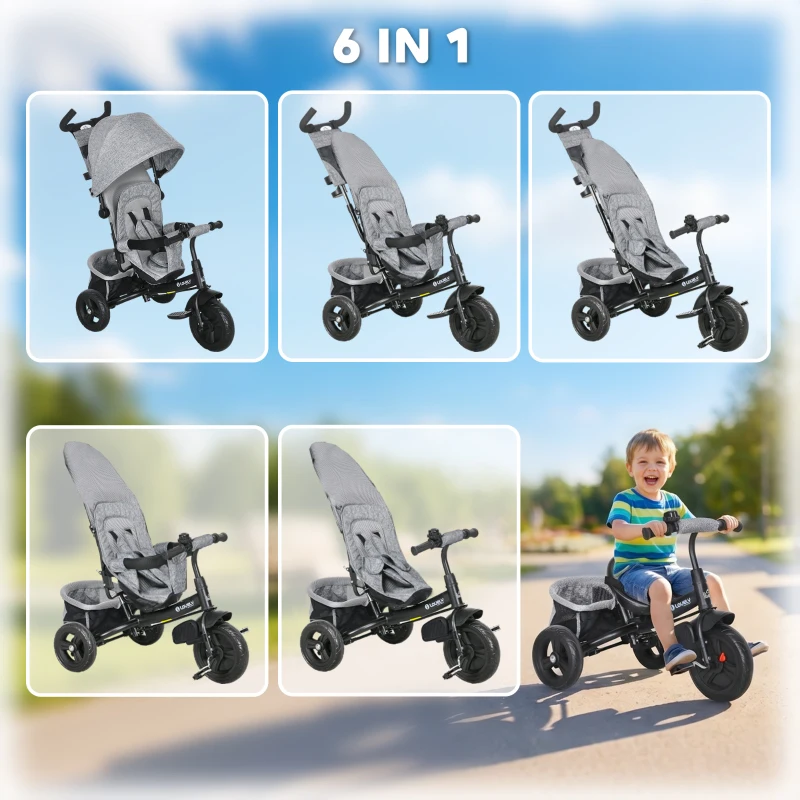 HOMCOM 6 in 1 Kids Trike with Parent Handle, Canopy, 5-point Seat Belt, Storage, Footrest, Brake, for 1-5 Years, Grey