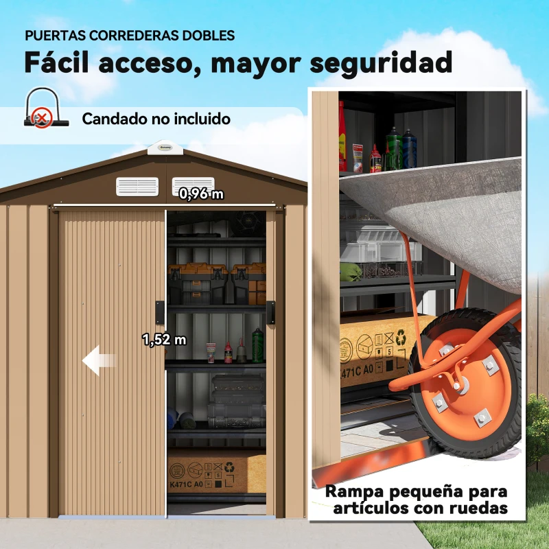 Outsunny Cobertizo de Jardín Exterior 2,42 m² 213x130x185 cm con Puerta Corredera Ventilación Guantes Amarillo