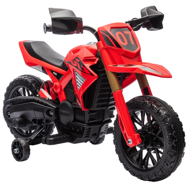 AIYAPLAY Elektro-Motorrad für Kinder, 6V Batterie-Antrieb, Stützräder, Hupe, Startgeräusch, 3-8 Jahre, Rot(m-12)