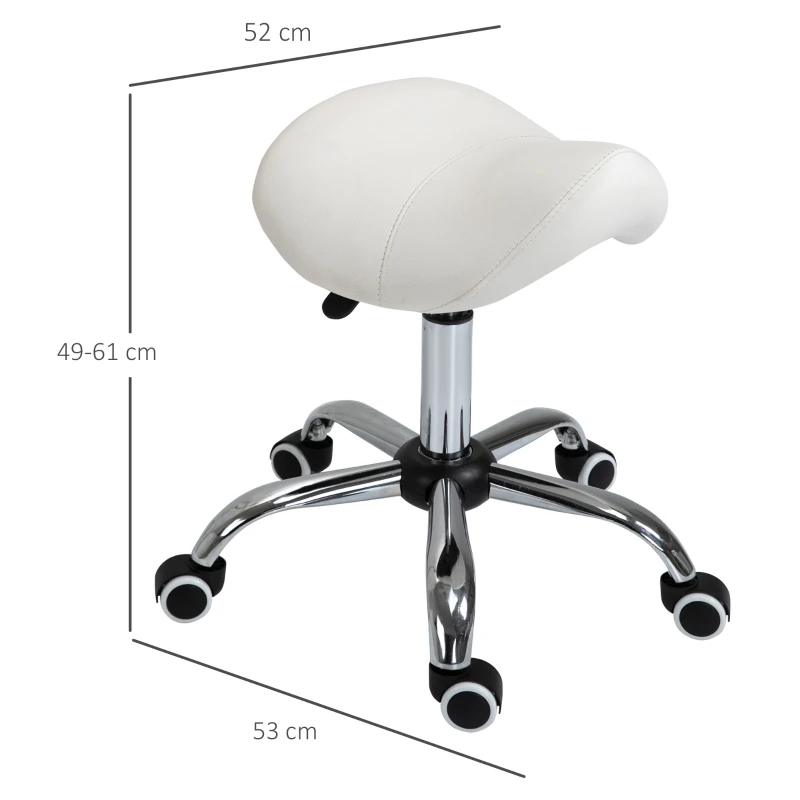 HOMCOM Tabouret à roulettes, tabouret de massage avec hauteur réglable 49-61 cm et selle ergonomique, chaise de travail à roulettes pivotant 360°, pour salon de massage tatouage clinique spa, blanc