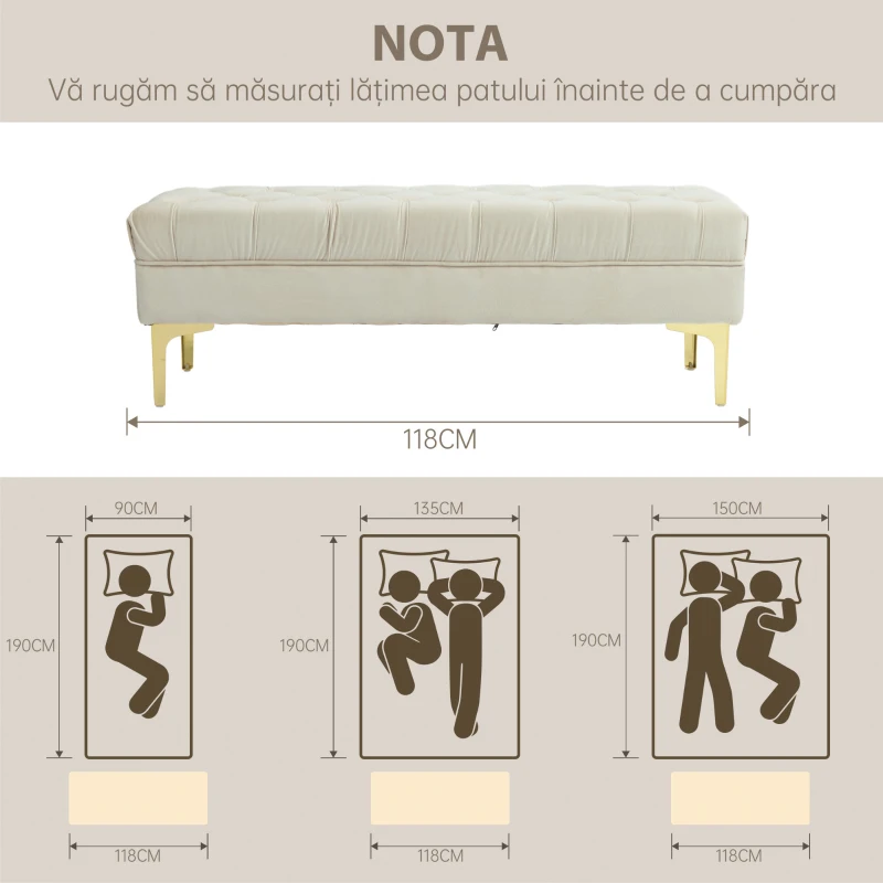 HOMCOM Bancă pentru capătul patului, tapițată cu material textil matlasat cu efect de catifea, 118x45x42 cm, bej