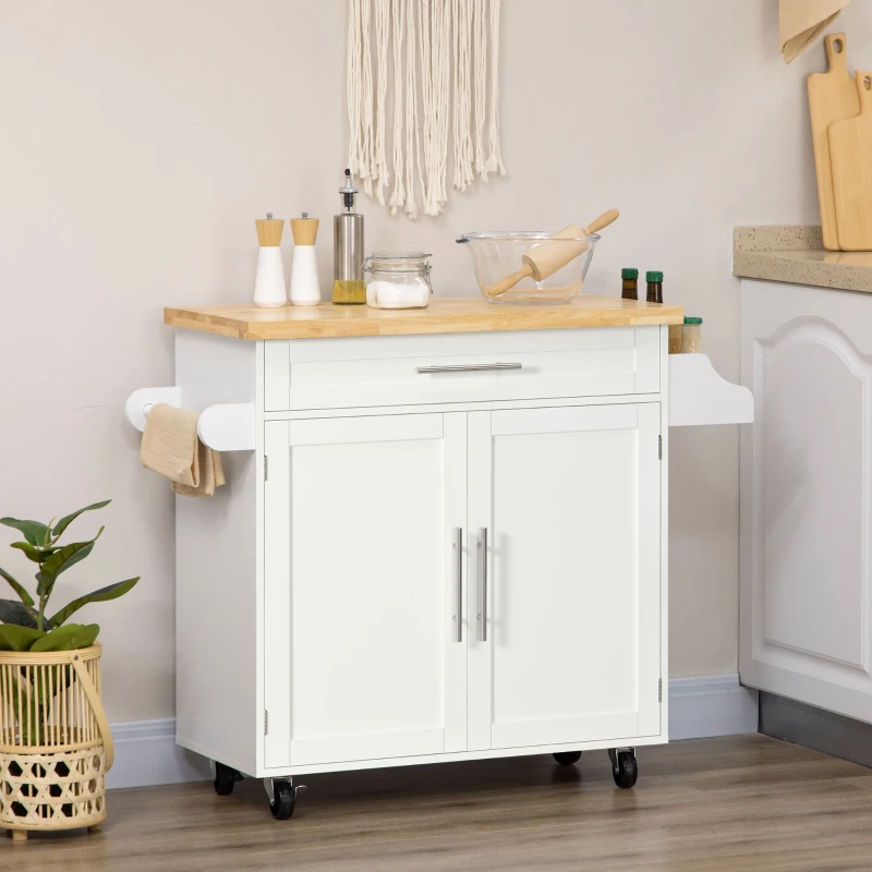HOMCOM Carrello da Cucina con Cassetto, Portaspezie, Armadietto e 4 Ruote, 109x40x89cm, Bianco