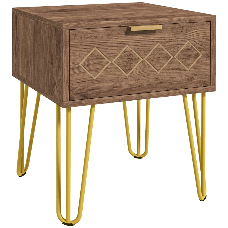 HOMCOM Noptiere Moderne Set 2 Piese din Plăci Aglomerate și Oțel cu Sertar, 39.5x41x49 cm, Maro