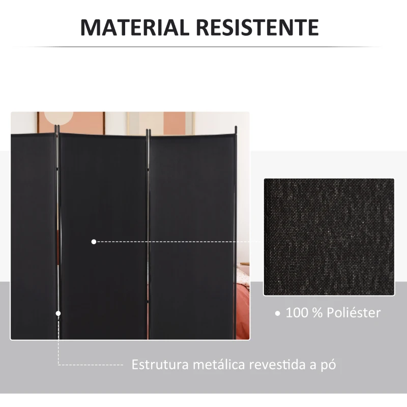 HOMCOM Biombo de 3 Paineis Separador de Ambientes Dobrável Biombo de Privacidade com 6 Pés de Metal 253x50x182 cm Preto