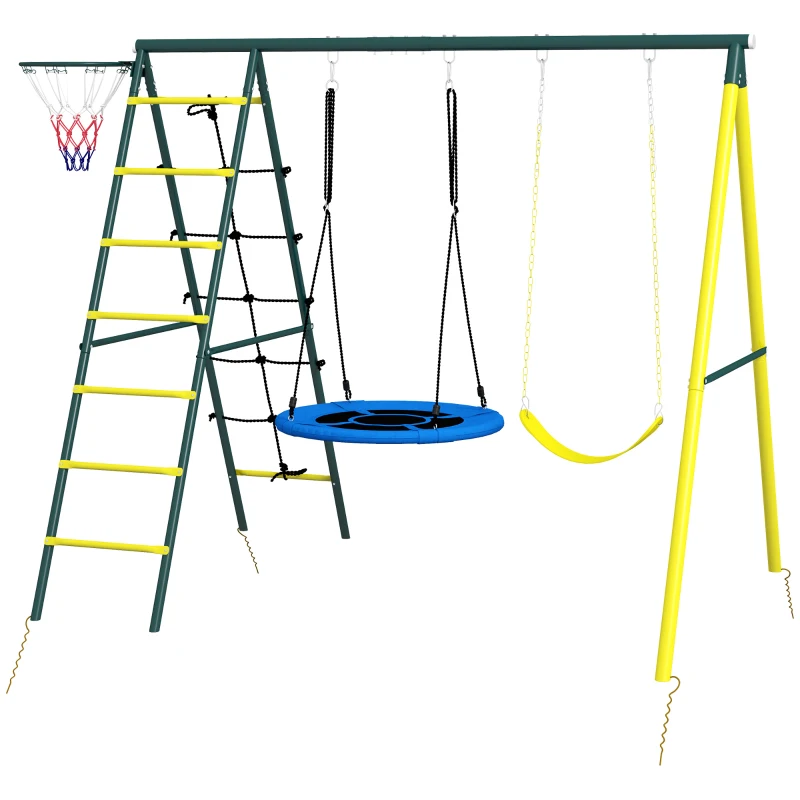 Outsunny Baloiço Infantil 4 em 1 com Baloiço Ninho e Individual Rede de Escalada Cesto de Basquetebol Escada Amarelo