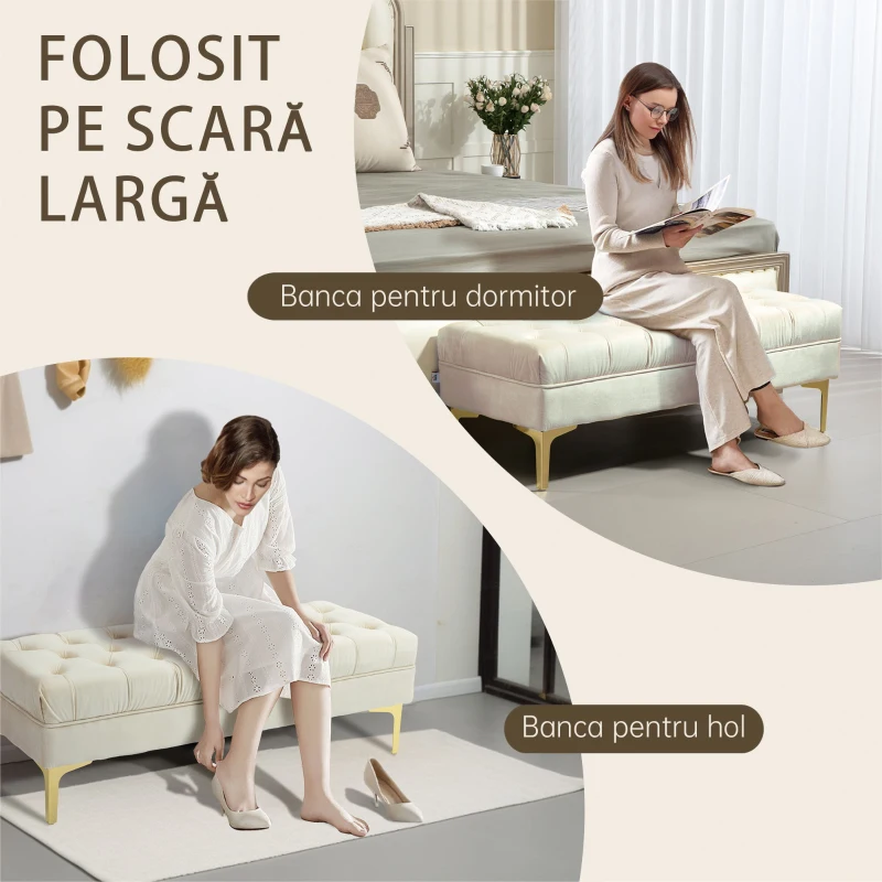 HOMCOM Bancă pentru capătul patului, tapițată cu material textil matlasat cu efect de catifea, 118x45x42 cm, bej