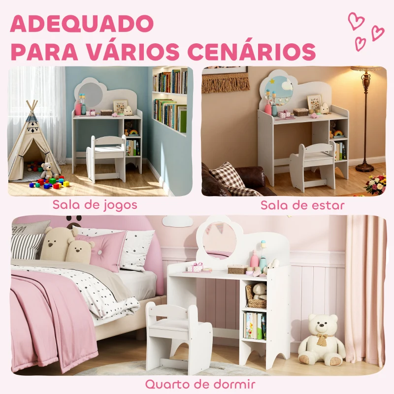 AIYAPLAY Toucador para Crianças com Banco e Espelho em Forma de Flor com Compartimentos Abertos 70x39x92,5 cm Branco