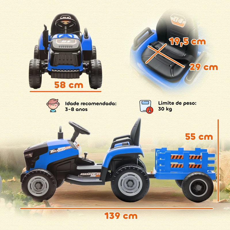 AIYAPLAY Trator Elétrico para Crianças com Reboque Desmontável Bateria 12V Velocidade 3-5 km/h Controle Remoto 2,4G 139x58x55 cm Azul