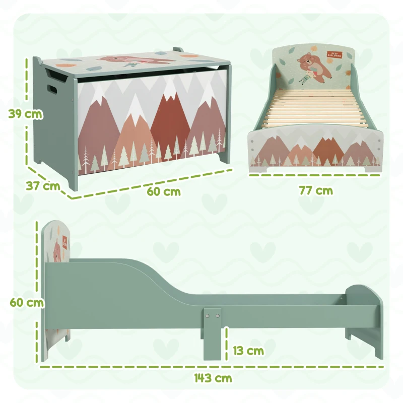 ZONEKIZ Conjunto para Crianças Inclui 1 Cama Infantil de Madeira Carga Máx. 40 kg 143x77x60 cm e 1 Baú de Brinquedos 60x37x39 cm Verde