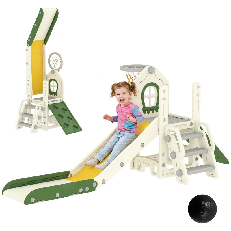 AIYAPLAY Faltbare 5-in-1 Kleinkinderrutsche mit Kletterelement, Basketballkorb, Stauraum und Basketball für Kinder von 1-3 Jahren, Cremeweiß