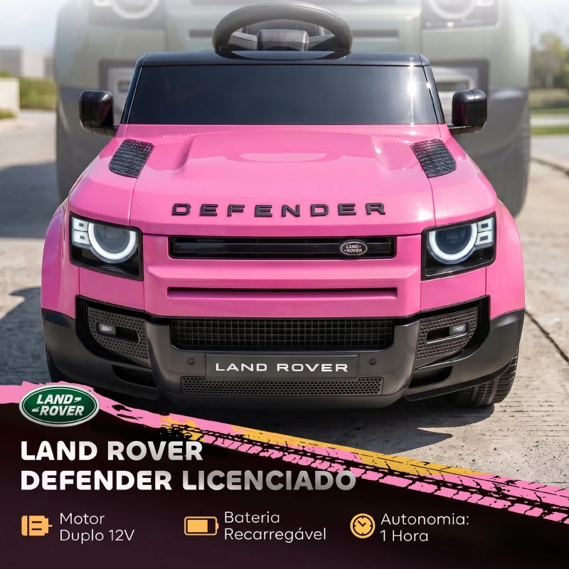 AIYAPLAY Carro Elétrico SUV para Crianças Land Rover Defender 12 V com Comando à Distância, Suspensão e Arranque Suave, Rosa