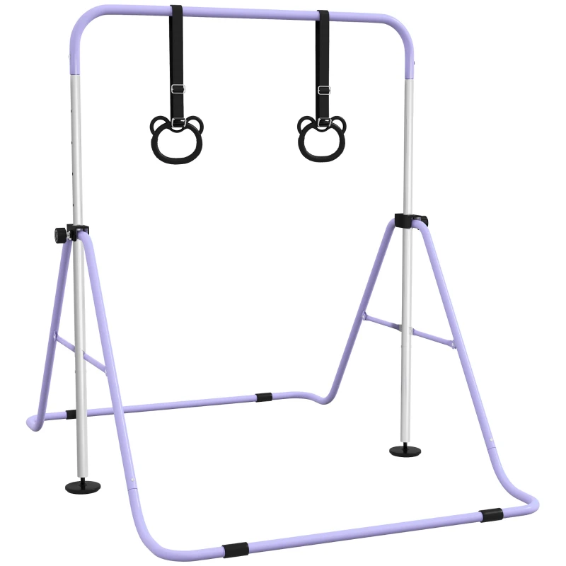 HOMCOM Kinder-Turnbarren mit Ringen, höhenverstellbar, klappbar, rutschfest, Stahlrahmen, 148x105x88-128 cm, Pink