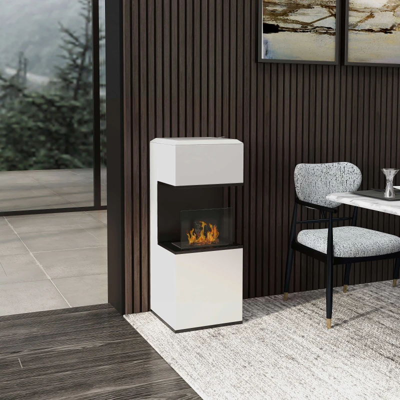 HOMCOM Camino a Bioetanolo da Terra con Bruciatore da 1.2L e Pannello in Vetro, 38x38x100cm, Bianco