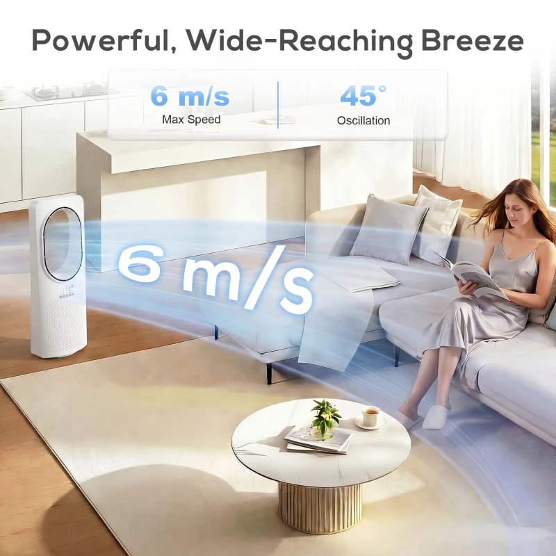 HOMCOM Bladeless Tower Fan for Bedroom, 36dB Standing Cooling Fan with Oscillating, 3 Speeds, 3 Modes, 15H Timer, White
