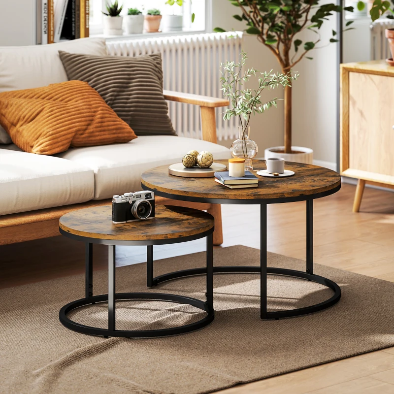 HOMCOM Lot de 2 tables basses gigognes empilable design industriel plateau imitation ciment pieds en métal brun rustique